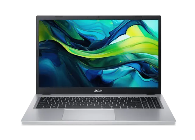 Silver Acer Aspire Go 15 AG15-21P laptop open from the front