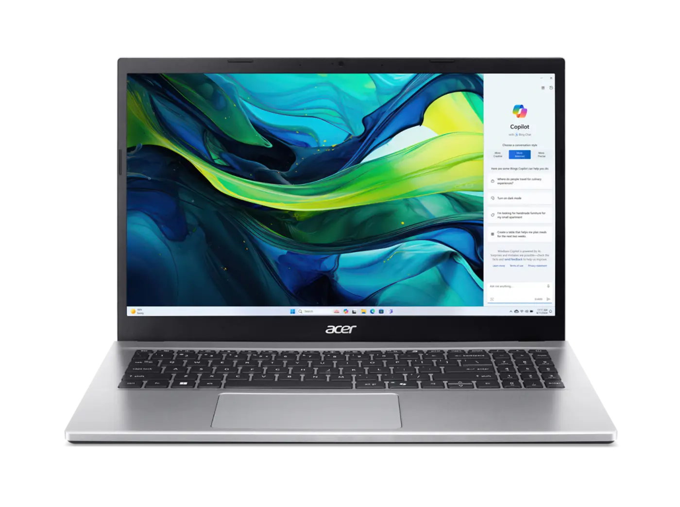Silver Acer Aspire Go 15 AG15-42P laptop open from the front