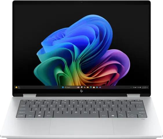 Silver HP OmniBook X Flip 14-fm convertible laptop open from the front