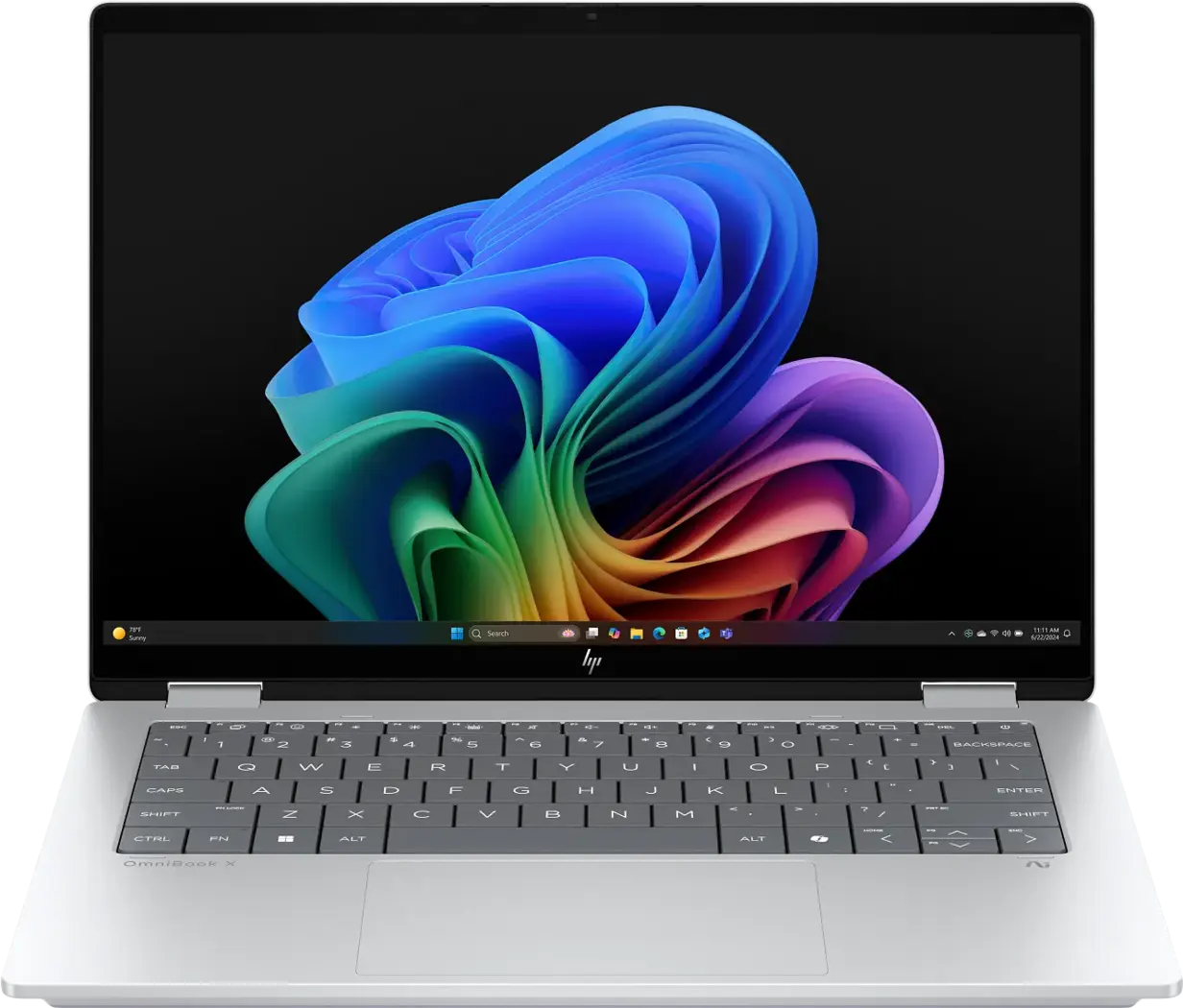 Silver HP OmniBook X Flip 14-fm convertible laptop open from the front