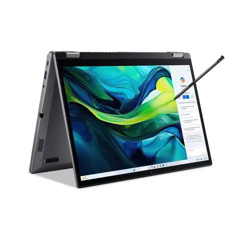 Grey Acer Aspire Spin 14 ASP14-52MTN convertible laptop in stand mode with stylus