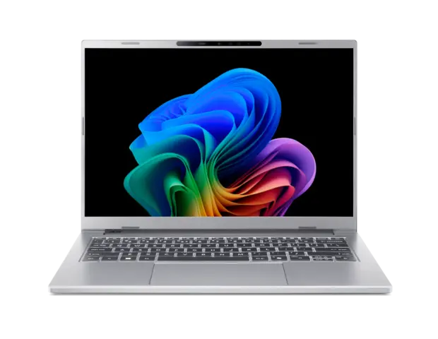 Silver Acer Aspire 14 AI A14-53M OLED laptop open from the front